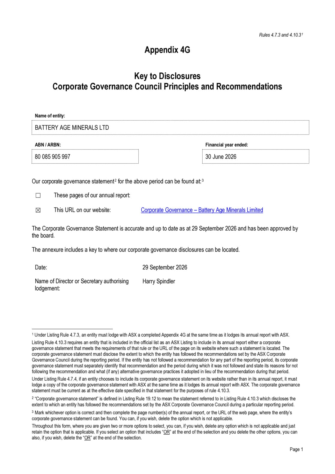 Appendix 4G and Corporate Governance Statement